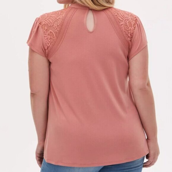 Torrid Plus Size Peach Studio Crepe Jersey Mock Neck Lace Inset Top 0X - Picture 2 of 13